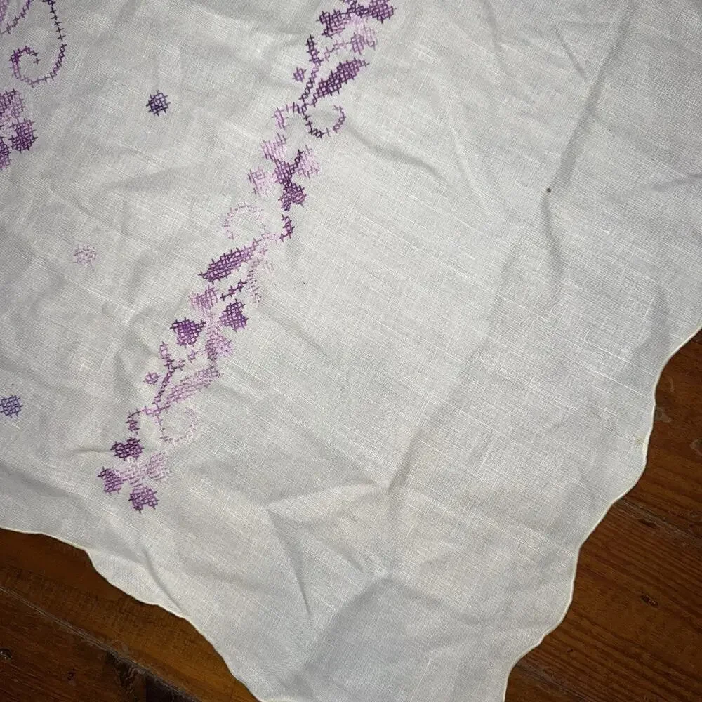 Vintage Linen Tablecloth Cross Stitch Floral Embroidery Purple 65x49